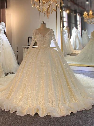 Sparkling Beads Appliques Ball Gown Wedding Dress with Sheer Tulle Long Sleeves