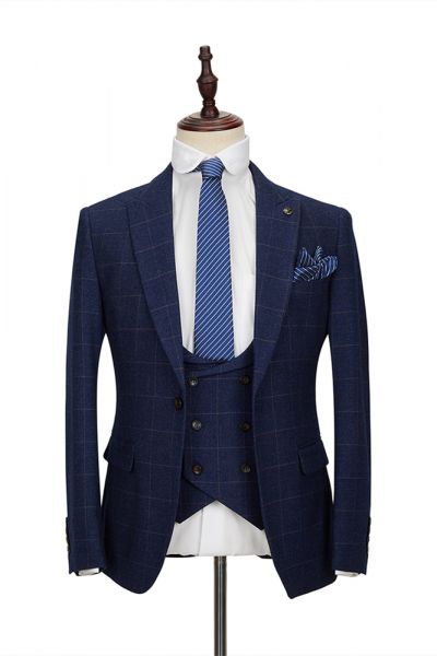 Blue Plaid 3 Piece Double Breasted Men's Suit