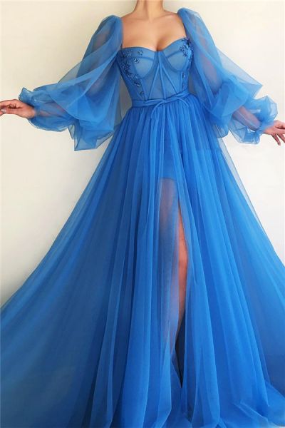A-line Sweetheart Neck Long Sleeves Floor-length Tulle Evening Dress With Beading
