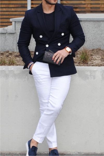 Dark Navy Double Breasted Men's Suit with Peaked Lapel for Prom