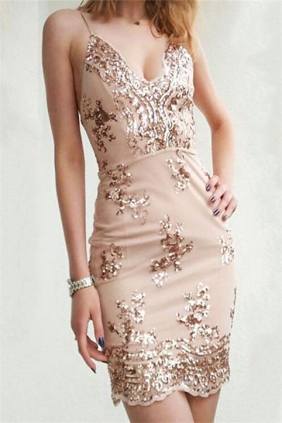 Column Spaghetti Straps V-neck Sleeveless Mini Party Dress With Appliques