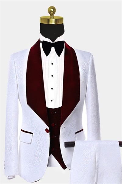 White Jacquard Floral Tuxedo with Burgundy Lapel