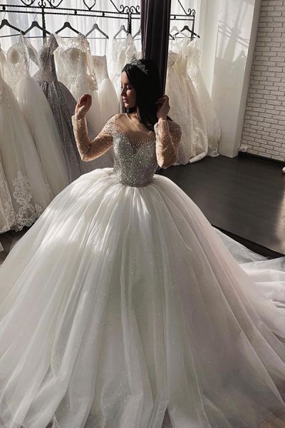 Ball Gown Jewel Neck Long Sleeves Chapel Train Tulle Wedding Gown With Beading