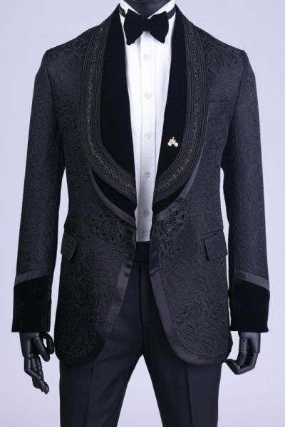Black Jacquard Two Pieces Men Suit for Wedding with Shawl Lapel