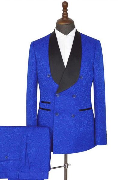 Royal Blue Double Breasted Jacquard Wedding Suit with Shawl Lapel