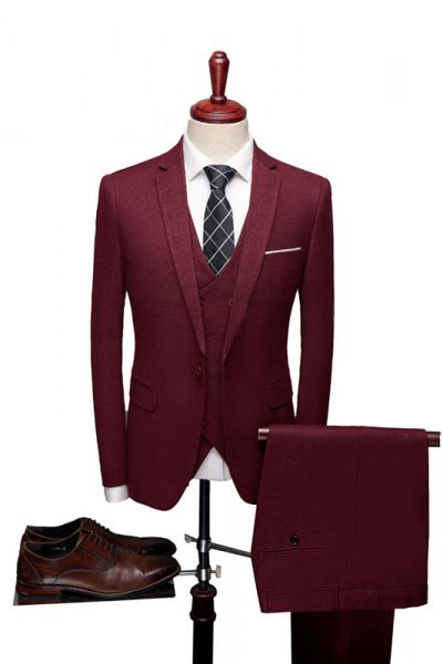 Red Formal Three-Piece Suit with Notch Collar