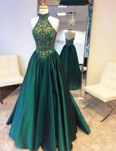 A-line Halter-neck Sleeveless Floor-length Prom Gown With Beading