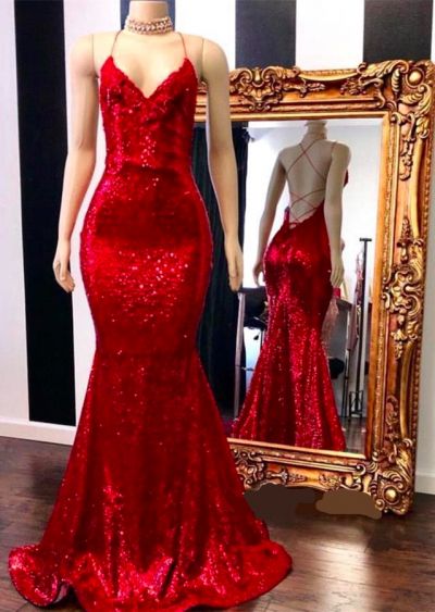 Mermaid Spaghetti Straps V-neck Sleeveless Sweep / Brush Train Evening Gown With Sequins
