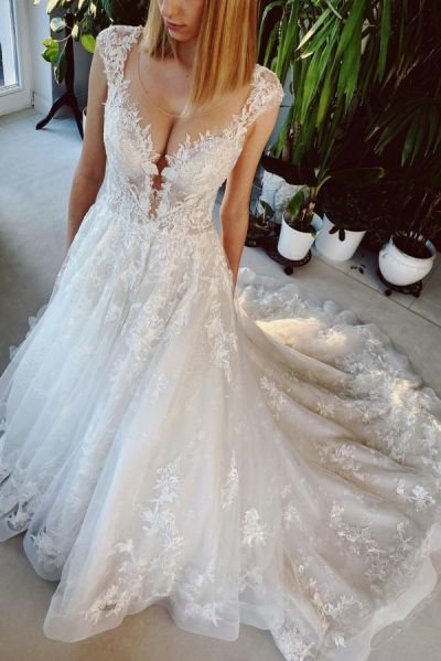 A-line Jewel Neck Sleeveless Court Train Lace Bridal Gown With Pearls