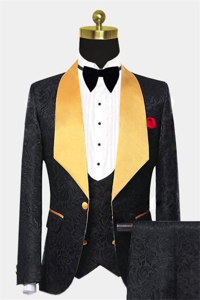 Black Jacquard Tuxedo with Gold Shawl Lapel