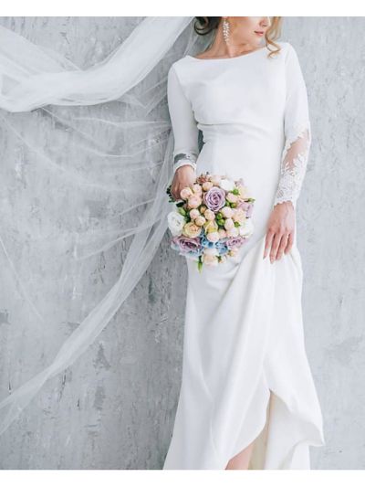 Mermaid Long Sleeves Sweep / Brush Train Tulle Wedding Gown With Lace