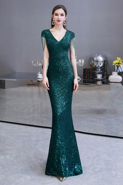 Mermaid V-neck Short Sleeves Sweep / Brush Train Evening Gown With Sequins