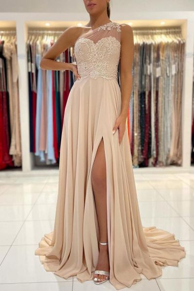 Straps One Shoulder Sleeveless Floor-length 100D Chiffon Evening Gown With Ruffles