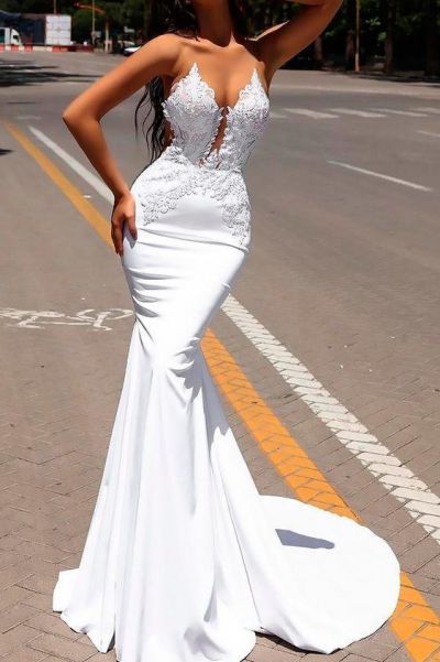 Mermaid V-neck Bateau Neck Sleeveless Court Train Wedding Dress With Lace