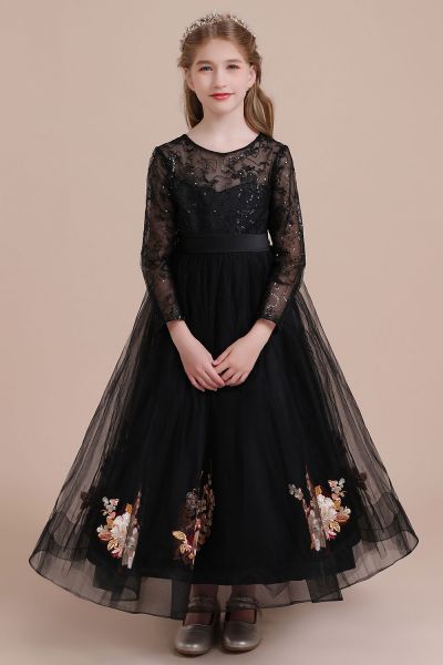 A-line Jewel Neck Long Sleeves Ankle-length Tulle Flower Girl Dress With Appliques