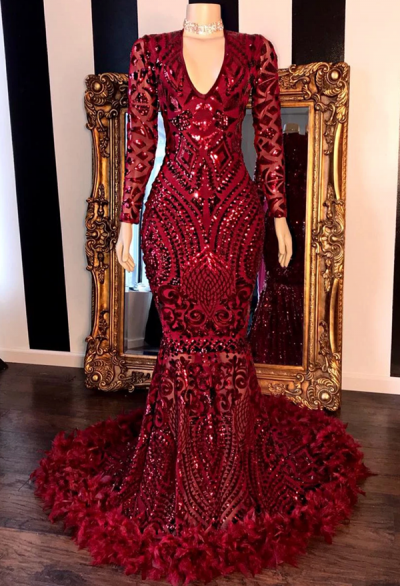 Feather Mermaid Burgundy Prom Dress with Long Sleeves and Sparkle Lace Appliques