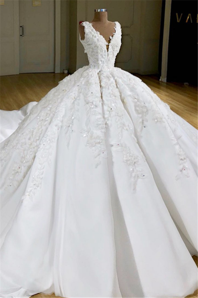 Ball Gown V-neck Sleeveless Chapel Train Stretch Satin Wedding Gown With Appliques