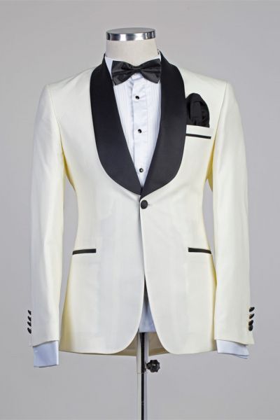 Off White Single Breasted Men's Suit with Black Lapel for Wedding