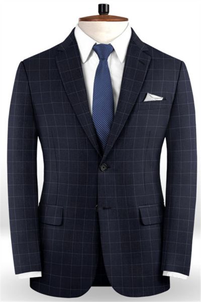 Dark Blue Checked Notch Lapel Men's Suit
