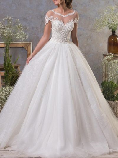 A-line Short Sleeves Court Train Lace Wedding Gown With Lace