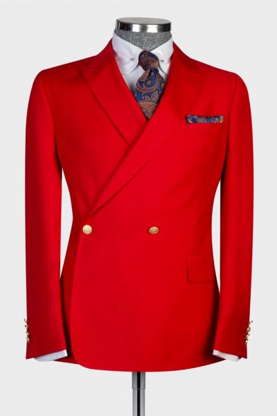 Red Double Breasted Best Fitted Prom Outfit with Peaked Lapel