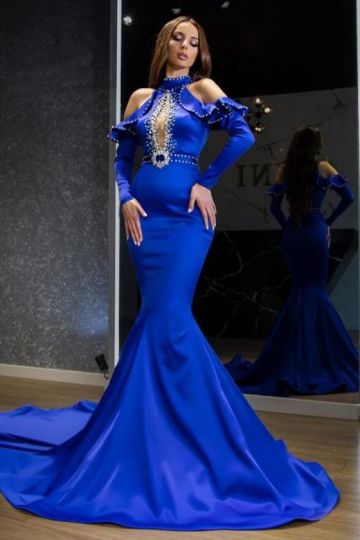 Mermaid High Neck Long Sleeves Floor-length Stretch Satin Formal Dress With Ruffles