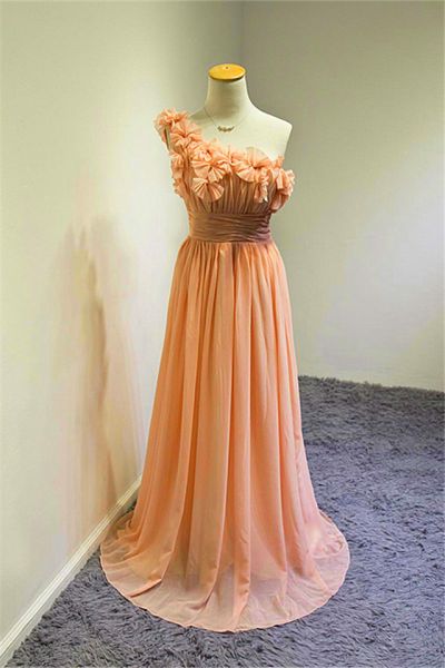 A-line One Shoulder Sleeveless Sweep / Brush Train 100D Chiffon Prom Dress With Ruffles