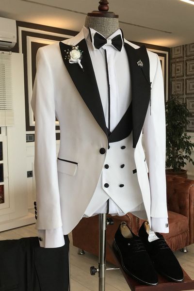 White Double Breasted Waistcoat Bespoke Business Suit with Black Peaked Lapel