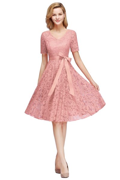 A-line V-neck Short Sleeves Knee-length Lace Bridesmaid Dress With Ribbons
