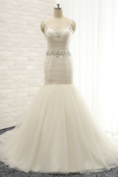 Mermaid Straps Sleeveless Floor-length Tulle Wedding Dress With Sequins