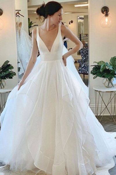 A-line Plunging Neckline Sleeveless Court Train Tulle Wedding Dress With Draped