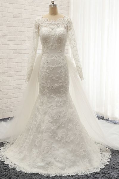 Mermaid Jewel Neck Long Sleeves Floor-length Satin Wedding Dress With Lace