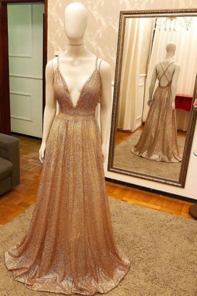 A-line V-neck Sleeveless Floor-length Party Dress With Sequins