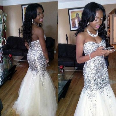 Mermaid Sweetheart Neck Sleeveless Sweep / Brush Train Tulle Evening Gown With Sequins