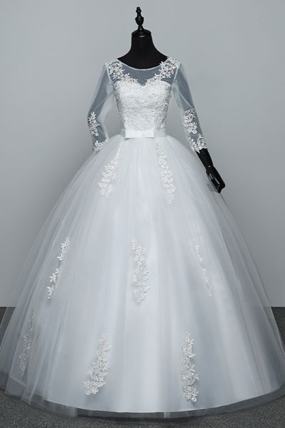 Jewel Neck 3/4-Length Sleeves Floor-length Tulle Bridal Gown With Appliques