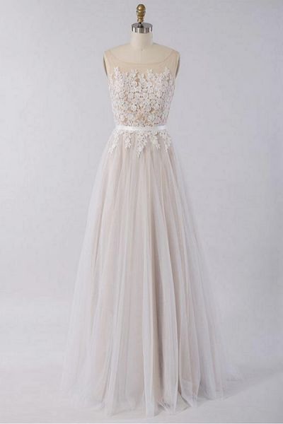 A-line Jewel Neck Sleeveless Floor-length Tulle Bridal Attire With Lace