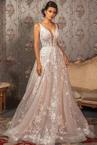 A-line V-neck Sleeveless Sweep / Brush Train Tulle Wedding Dress With Ruffles