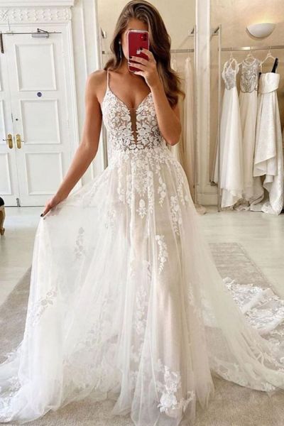 A-line Spaghetti Straps Sweep / Brush Train Tulle Wedding Gown With Appliques