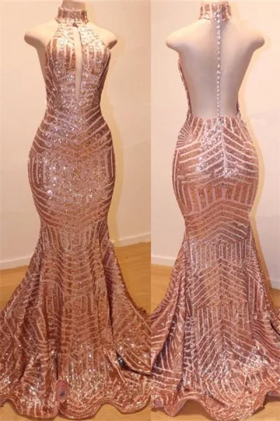 Mermaid High Neck Sleeveless Sweep / Brush Train Evening Dress With Sequins