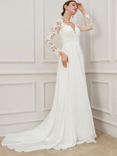 Column V-neck Long Sleeves Sweep / Brush Train Lace Bridal Gown With Lace