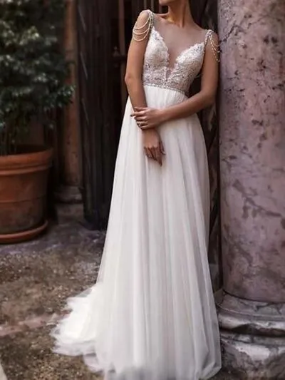 A-line Sleeveless Court Train Tulle Wedding Gown With Buttons