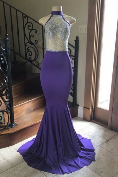 Mermaid High Neck Sleeveless Stretch Satin Evening Dress With Sequins