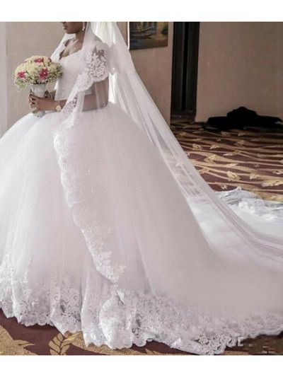 A-line Straps V-neck Court Train Tulle Bridal Attire With Lace