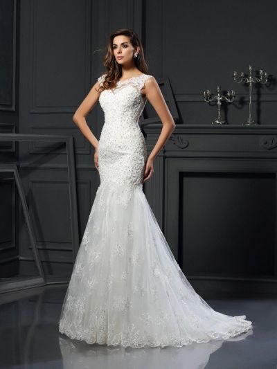 Mermaid Sleeveless Floor-length Tulle Wedding Dress With Appliques