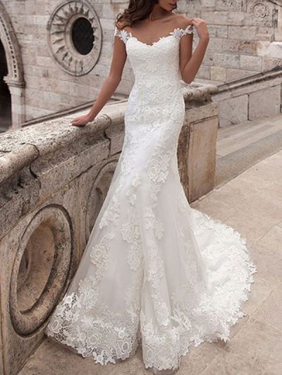Mermaid Off-the-shoulder Short Sleeves Court Train Lace Wedding Gown With Buttons
