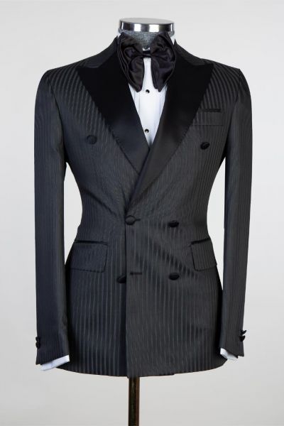 Black Stripe Double Breasted Peaked Lapel Prom Men Suit