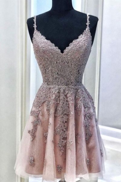 A-line Straps Sleeveless Mini Tulle Party Gown With Lace