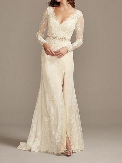 A-line V-neck Long Sleeves Floor-length Tulle Wedding Gown With Lace