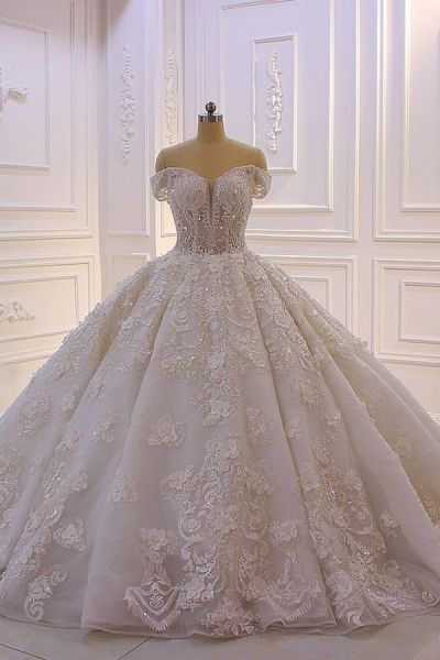Off-the-shoulder Long Sleeves Court Train Tulle Wedding Gown With Lace