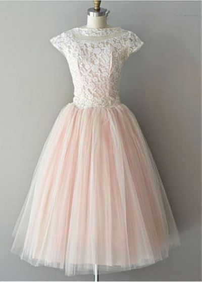 A-line Short Sleeves Knee-length Tulle Cocktail Party Dress With Lace